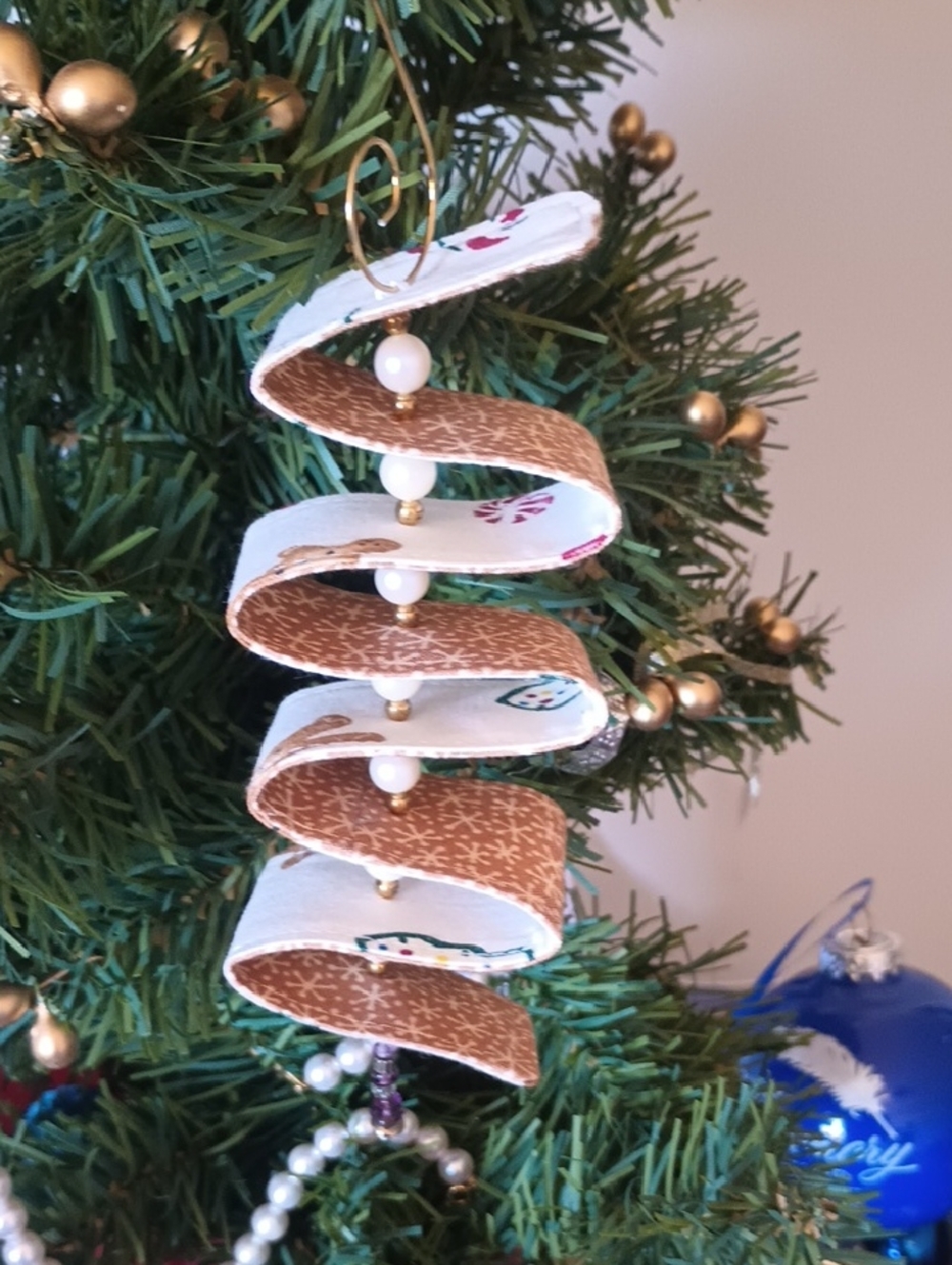Handcraftrd Ribbon Candy Holiday Ornament in White and Brown With Vintage Jewelr